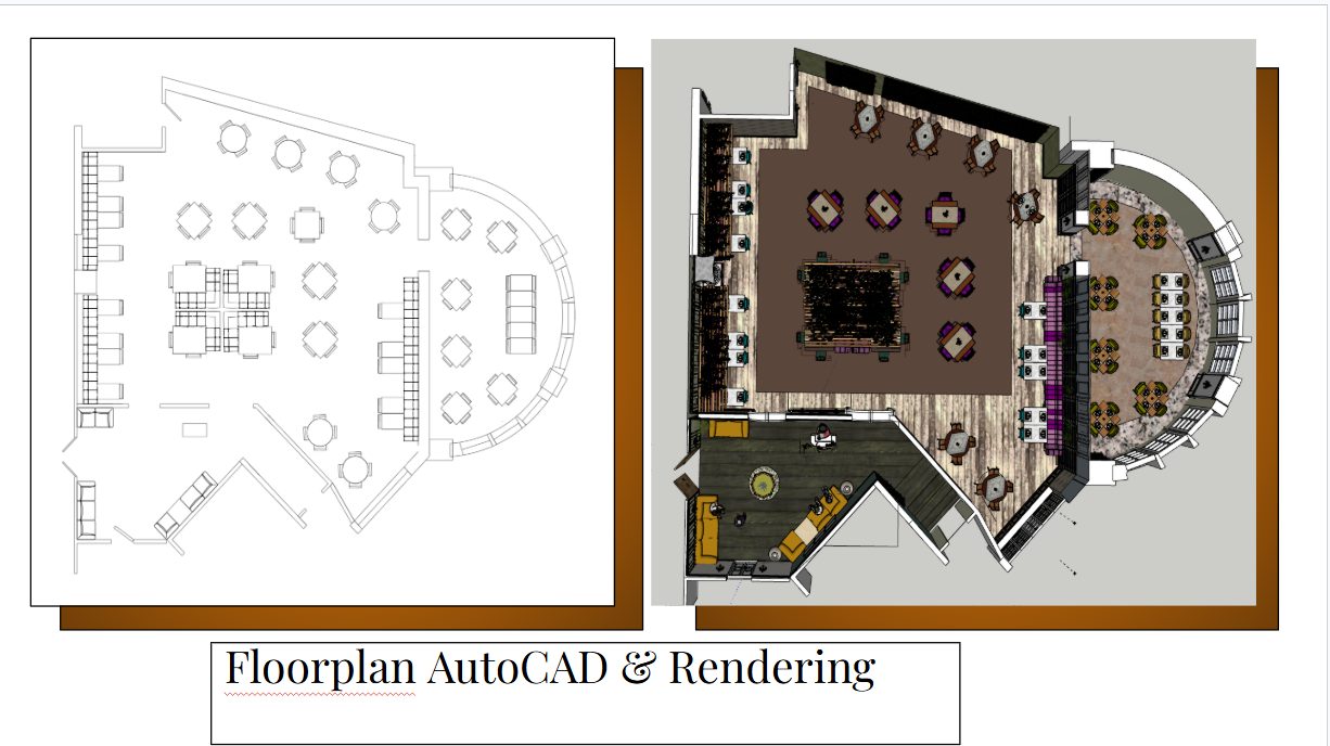 Violette Court Restaurant floorplan, AutoCAD and rendering