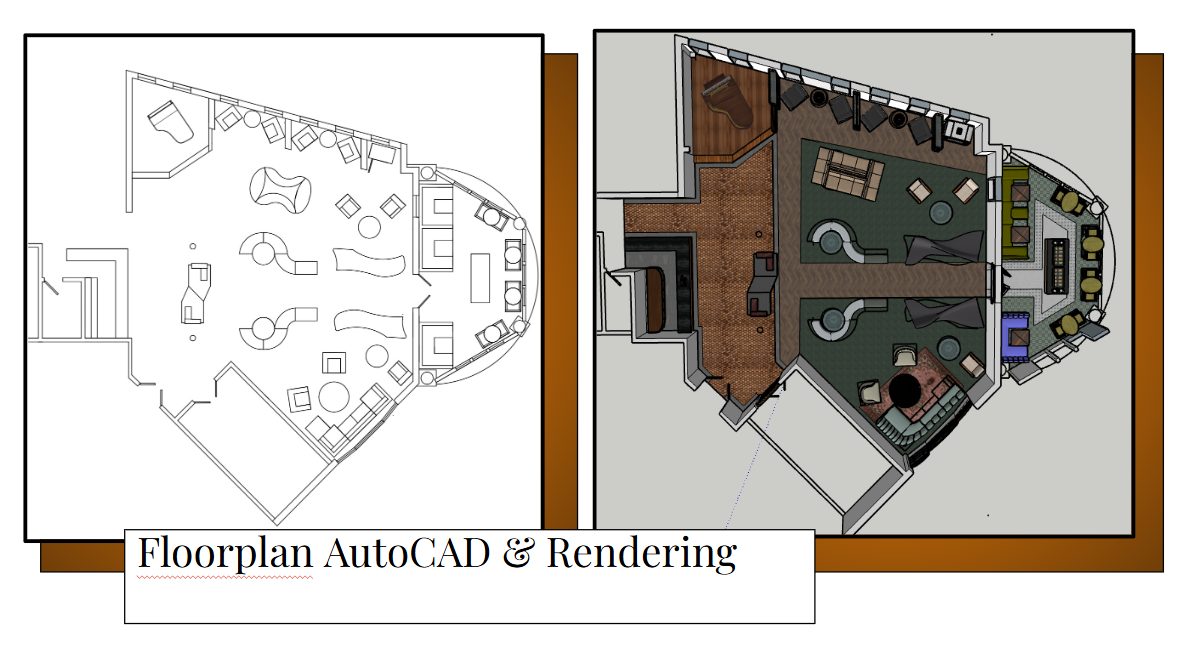 Hotel Lobby floorplan, AutoCAD and rendering
