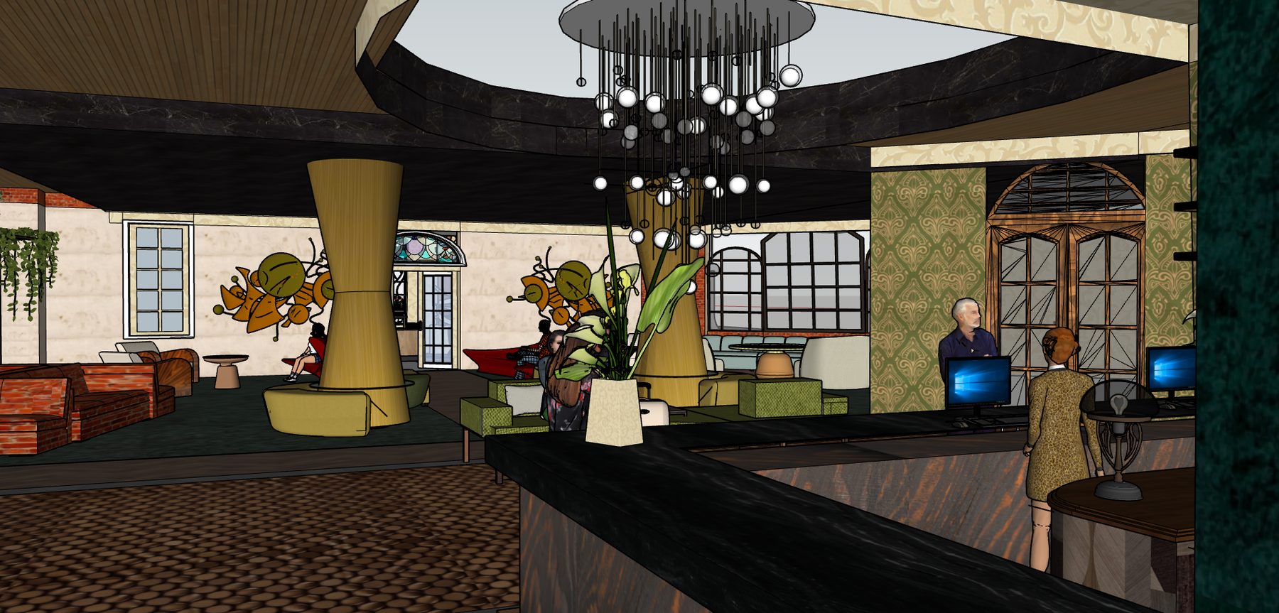 Flanagan Hotel lobby with open ceiling