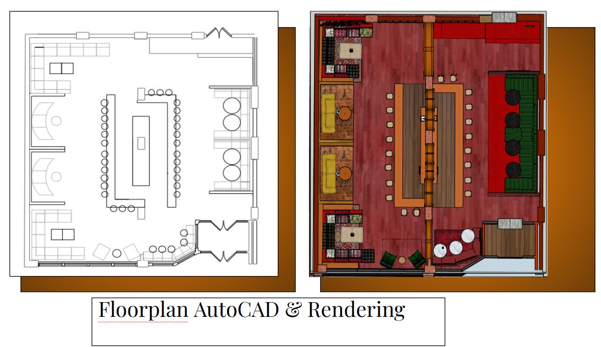 The Red Pavilion Lounge floorplan, AutoCAD and rendering